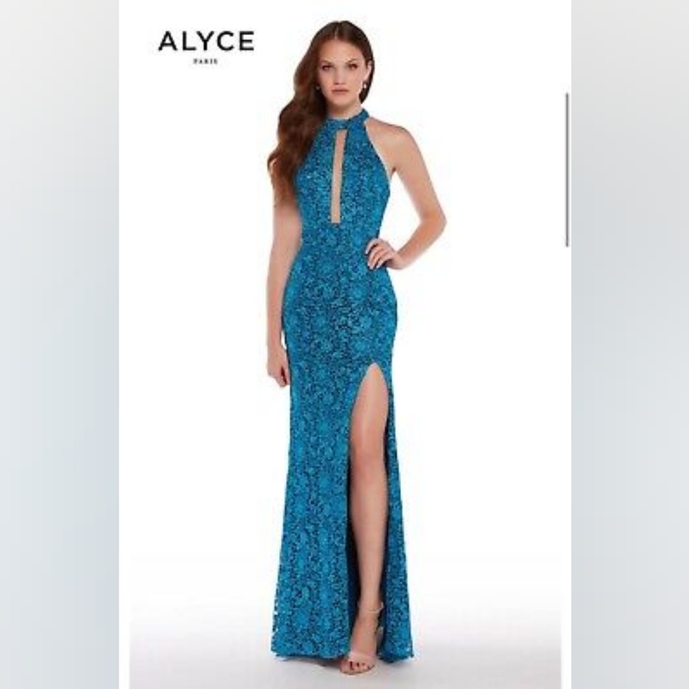 Alyce Paris formal prom halter cutout plunge 10 teal